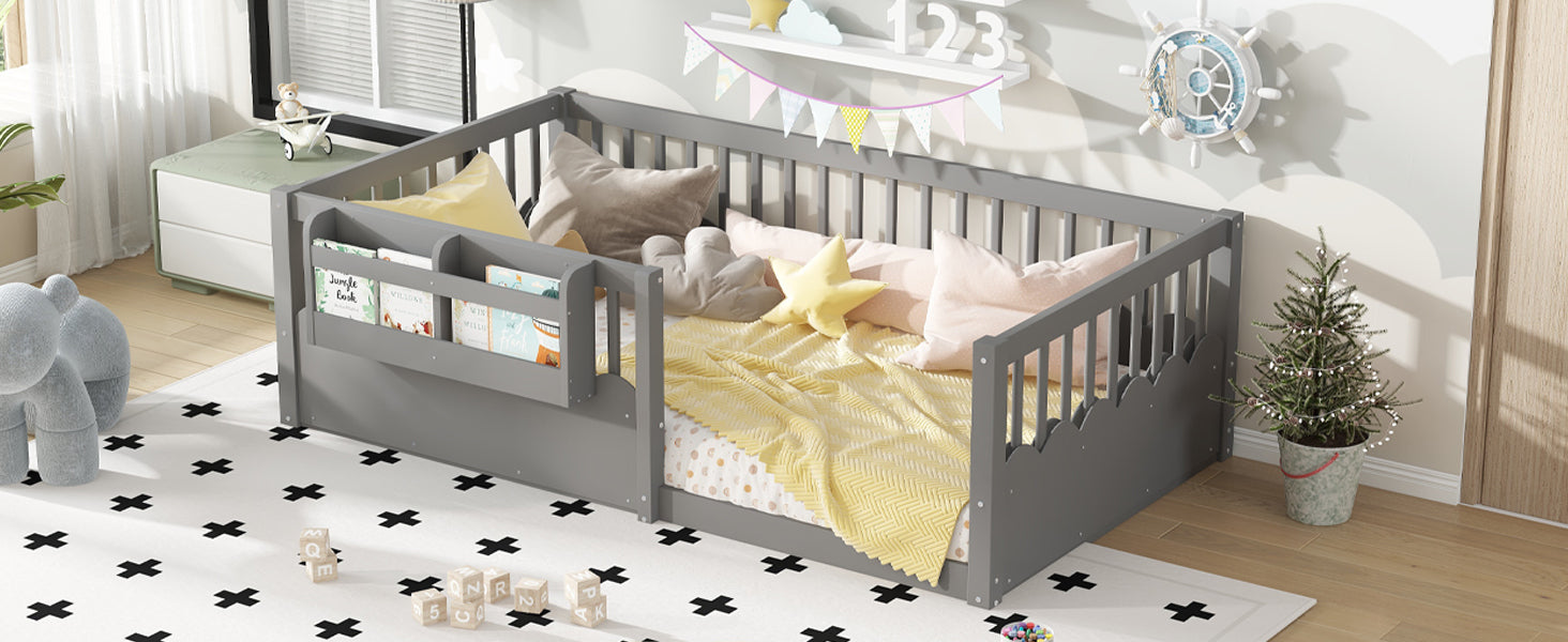 Twin Floor bed with Heightened Fence and bookshelf ,Wood Floor Bed for Kids, Gray.