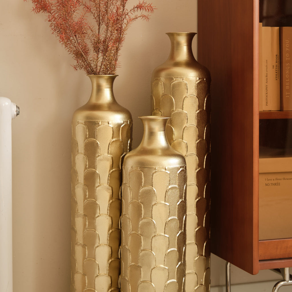 Floor Metal Vases Decorated White Metal Vases Set of 3 Gorgeous Home Decoration Large Glazed Metal Vases 25.2in/29.33in/34.25in Height