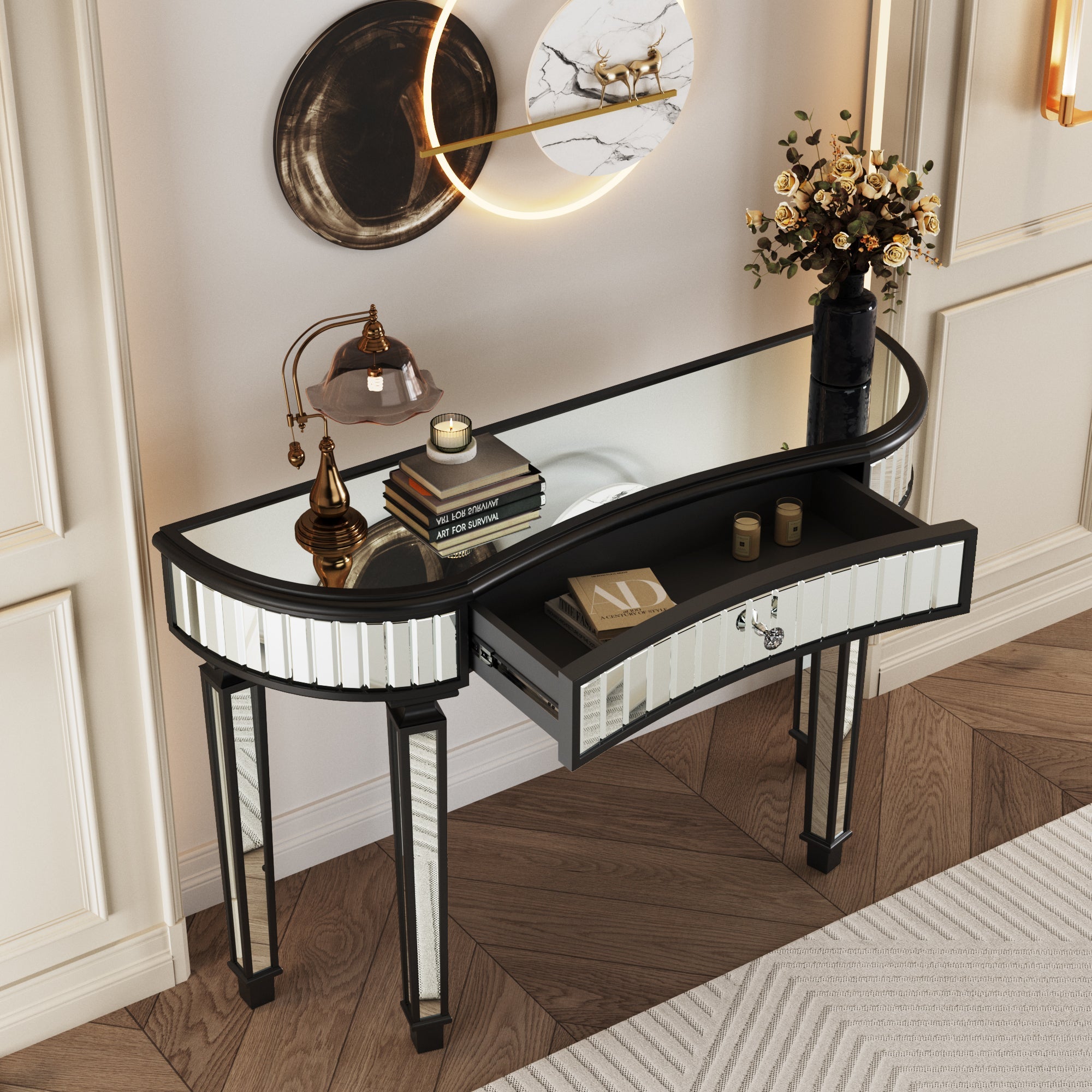 47' Half-Moon Mirrored Console Table with Fluted Glass & Crystal Knob Drawer - Silver Entryway Vanity Desk for Bedroom/Dressing Room(Black+Sliver)
