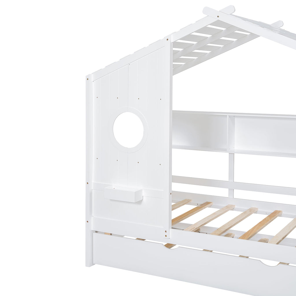 Wooden Twin Size House Bed With Trundle, Modern Design for Kids with Storage Shlef, White(old SKU HL000094AAK)