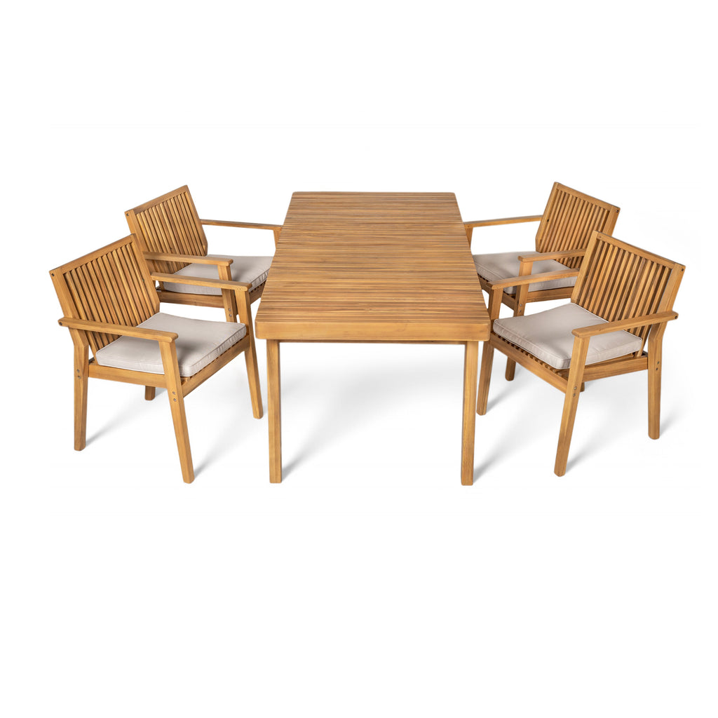 Durable 5 - Piece Patio Furniture Set Acacia Wood Table and 4 Heavy-Duty Cushioned Chairs, Natural