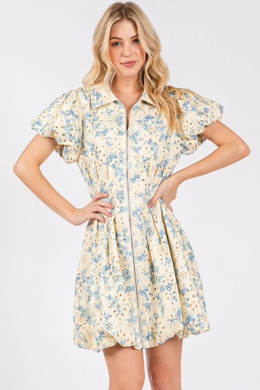 GeeGee Floral Eyelet Zipper Front Puff Sleeve Mini Dress