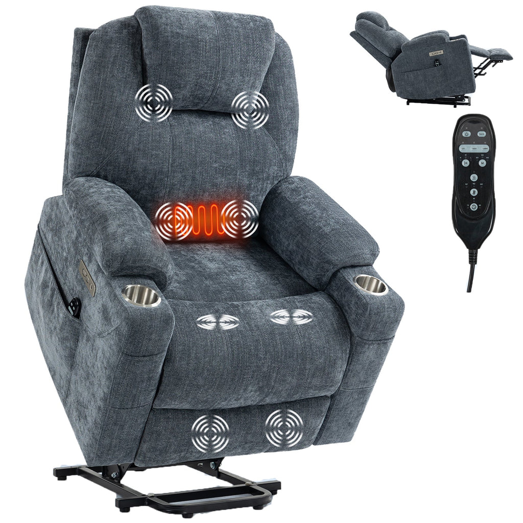 Up to 350 LBS Chenille Power Lift Recliner Chair, Heavy Duty Motion Mechanism with 8-Point Vibration Massage and Lumbar Heating, USB and Type-C Ports, Stainless Steel Cup Holders, Blue