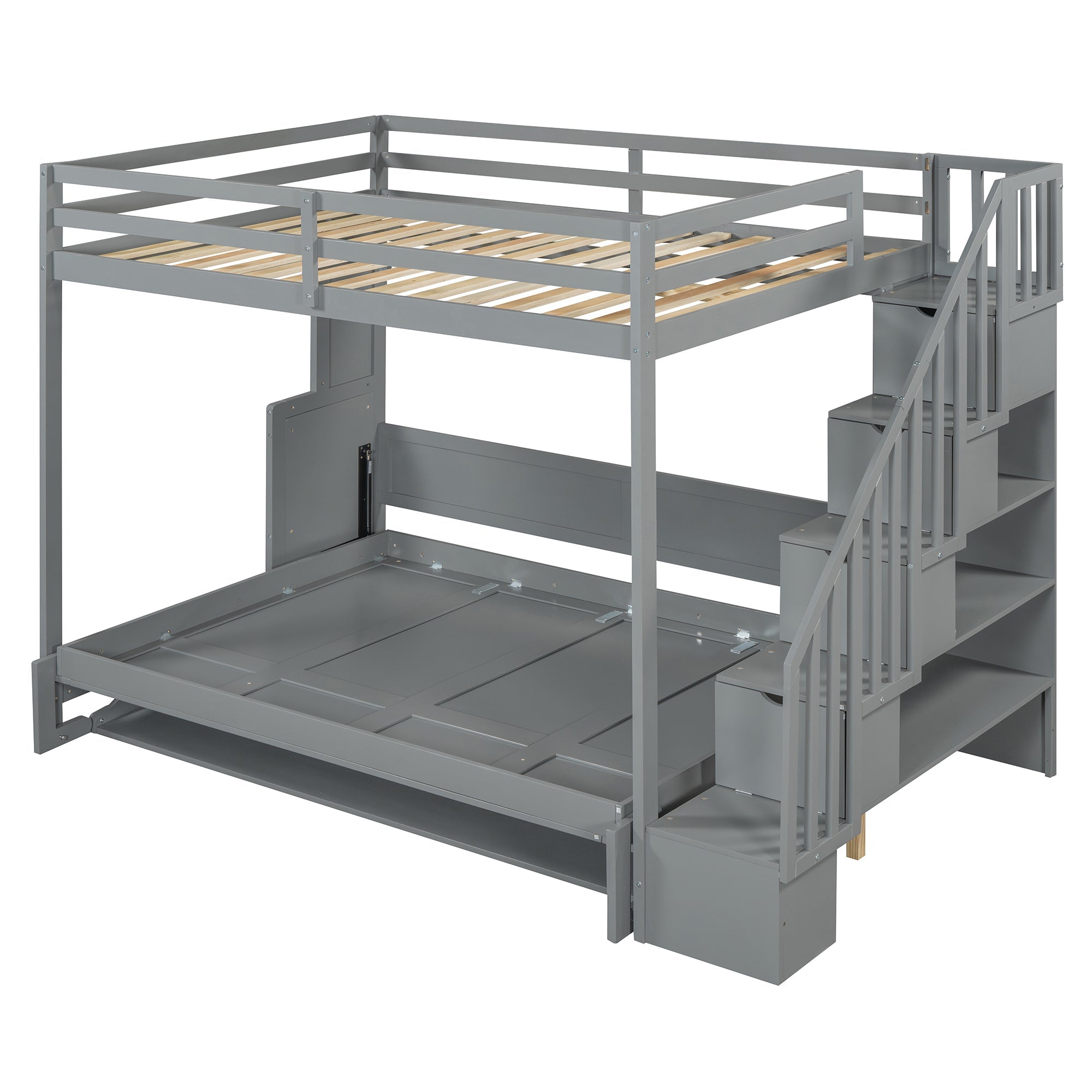 Full Over Full Size Murphy Bed with Hydraulic Lift & Desk Design, Gray