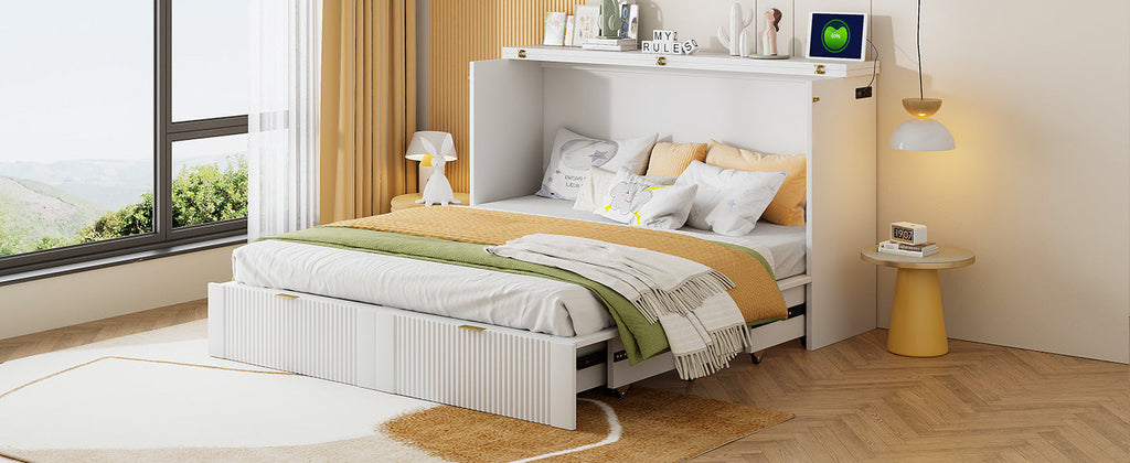 Queen Size Murphy  Bed with drawer and a set of Sockets & USB Ports, Pulley Structure Design, White
