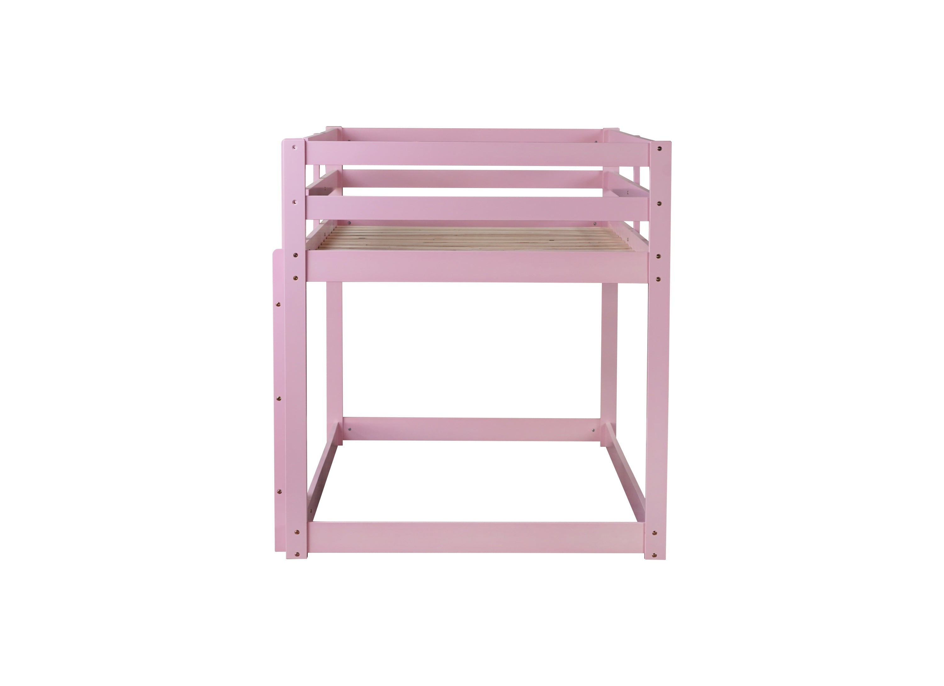 Solid Wooden, Solid Rubber Wooden Twin over Twin Floor Bunk Bed with Ladder, with Bed Platform of Strengthened Slats , Pink