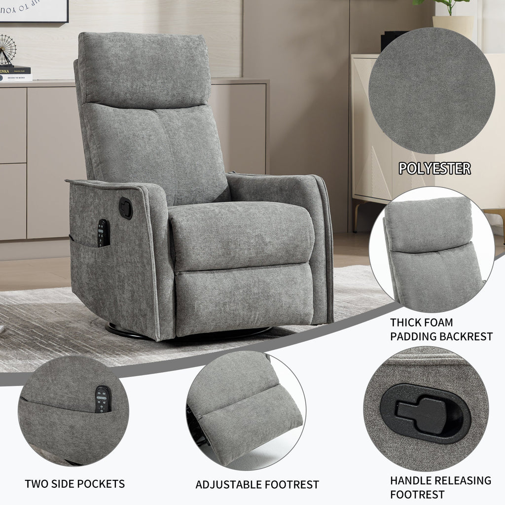 Heat Massage Manual Recliner Chair with Rocker and Swivel in Fabric for Living Room, Light Grey