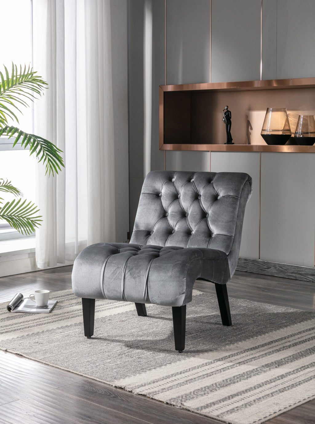COOLMORE Modern Velvet Armless Accent Living Room Chair / Leisure Chair,Upholstered Fabric Button Comfortable Chair with Wooden Legs for Bedroom, Living Room, Office (Silver Velvet)