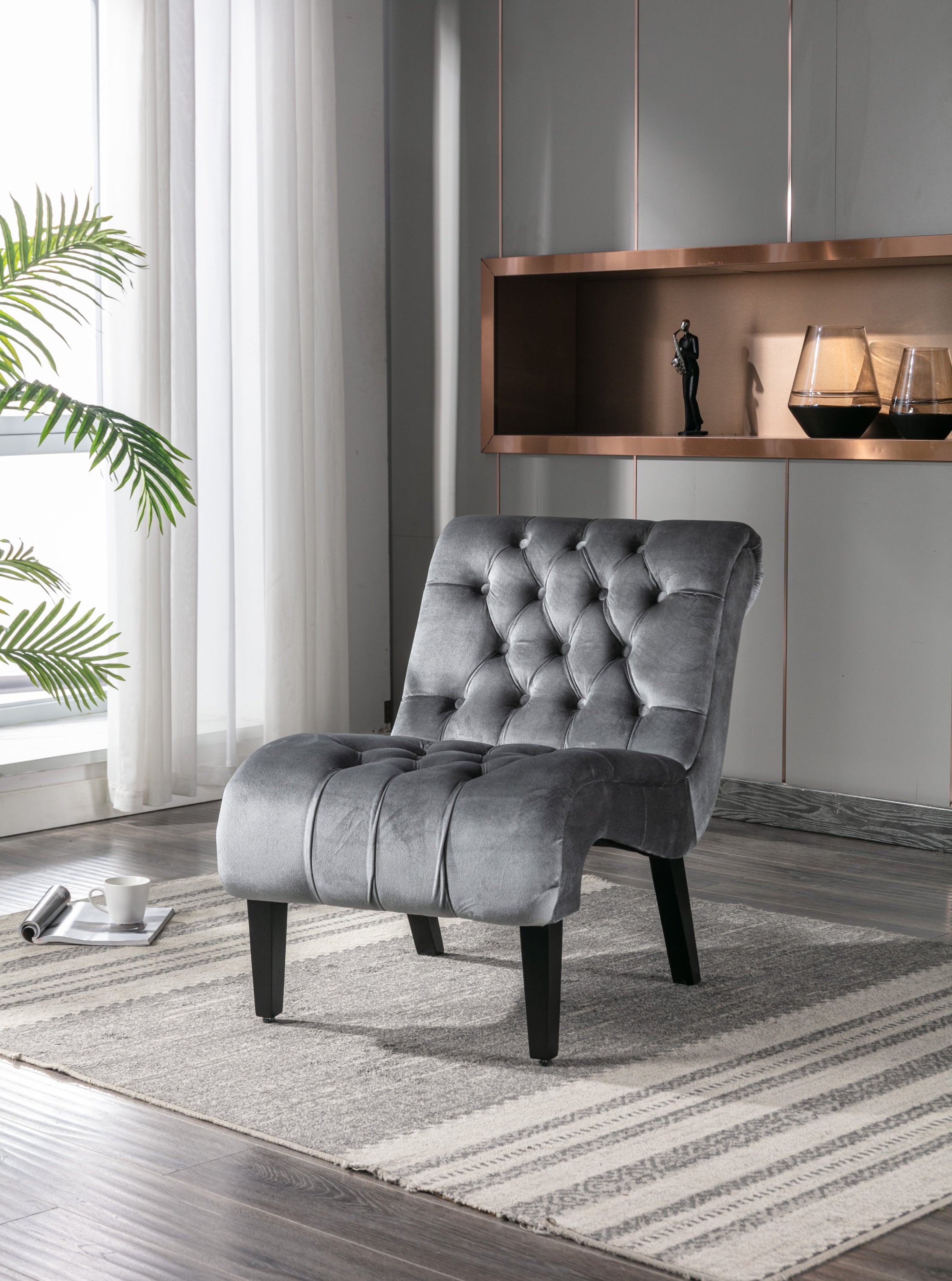 COOLMORE Modern Velvet Armless Accent Living Room Chair / Leisure Chair,Upholstered Fabric Button Comfortable Chair with Wooden Legs for Bedroom, Living Room, Office (Silver Velvet)