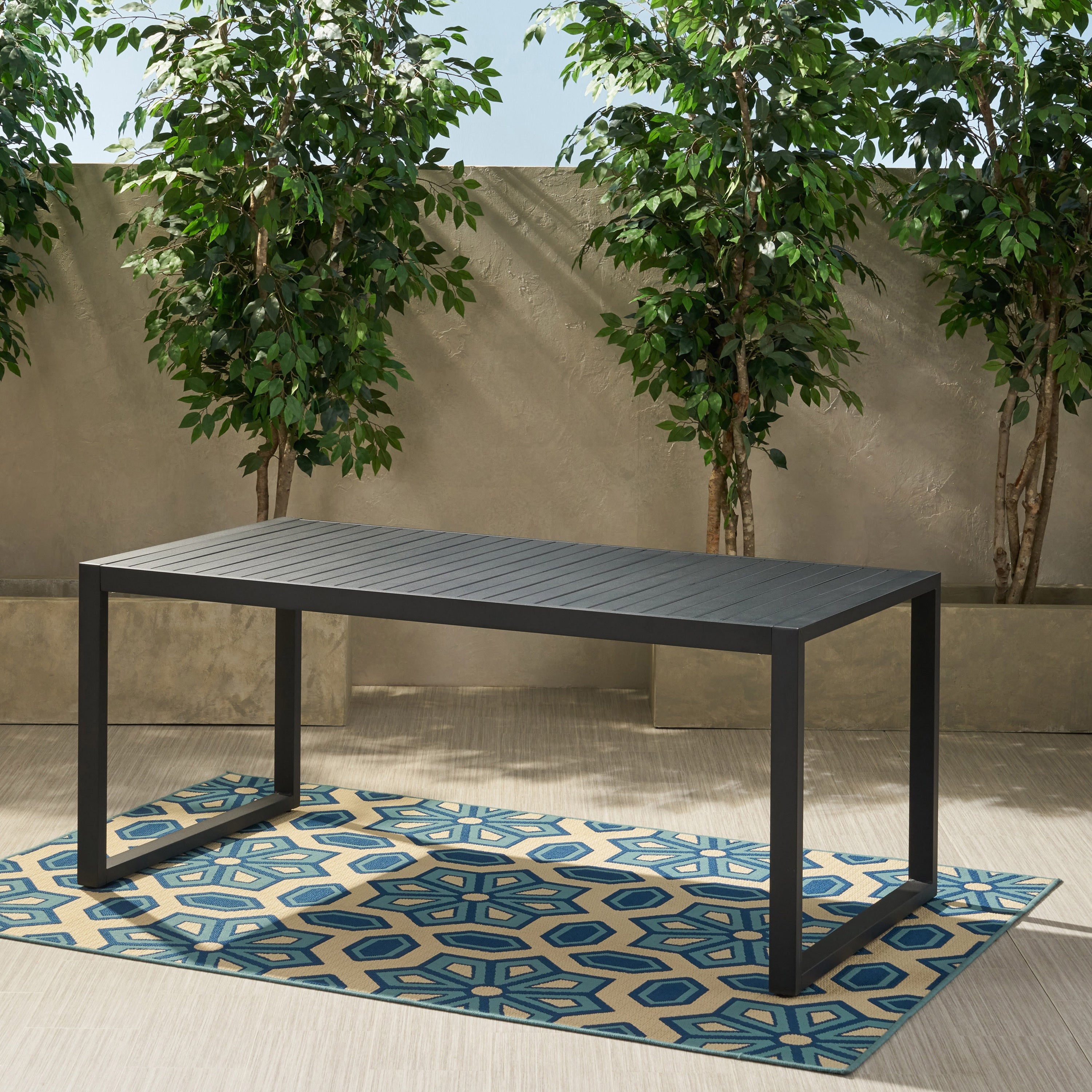Modern Outdoor Dining Table with Black Aluminum Frame, Slatted Top, and U-Shaped Legs – 70' x 35'