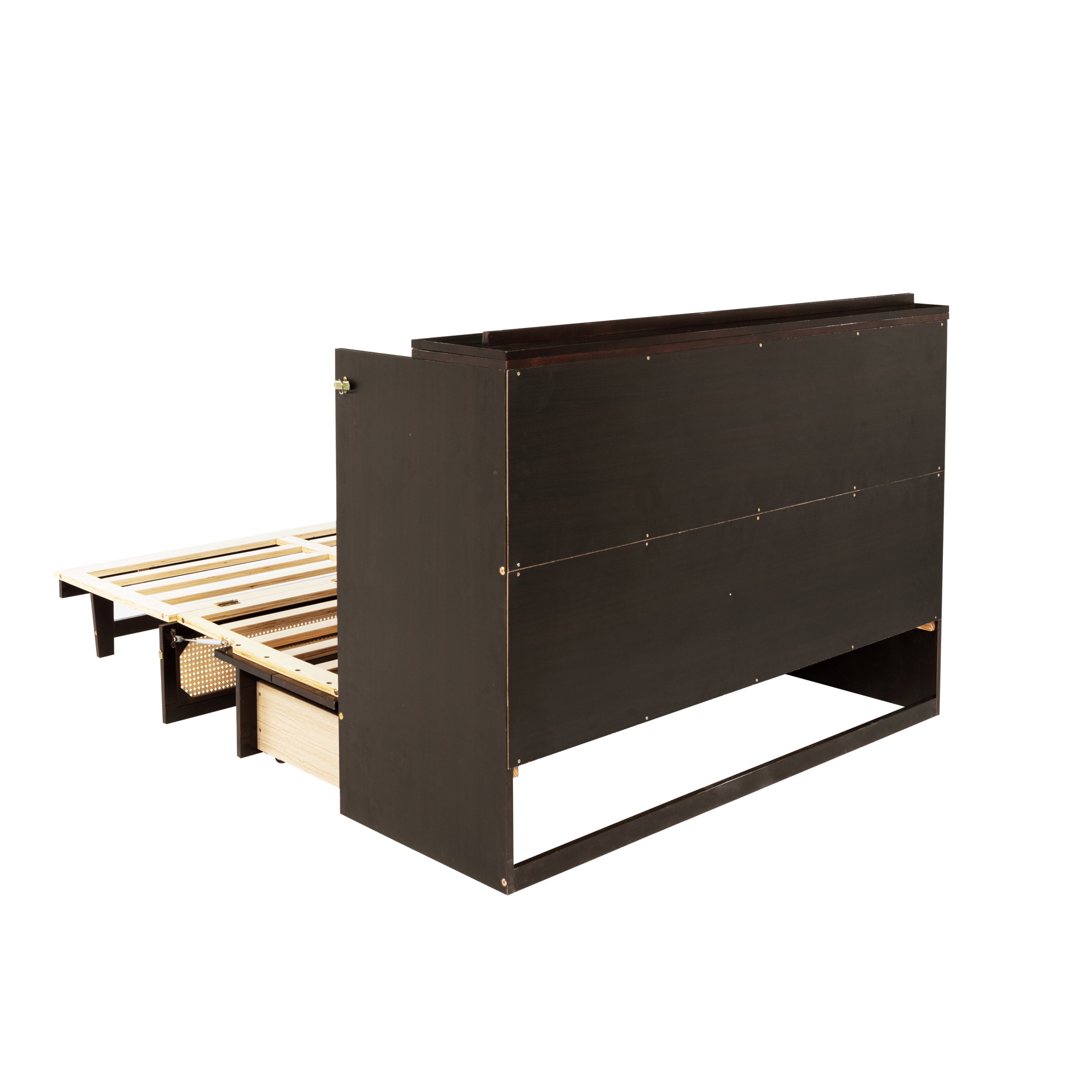 Queen Size Murphy Bed, Pine Wood Cabinet Bed with Rattan Decoration and Storage Drawer,Espresso