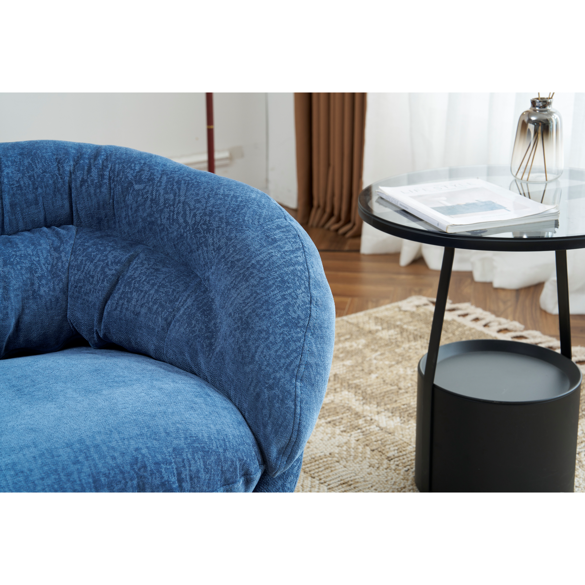 Modern Chenille Office Chair, 360° Swivel Accent Chair with Removable Cushion, Round Office Chair, Black Metal Base, Cotton Material, Living Room, Bedroom, Reading Corner, Office (Navy Blue)