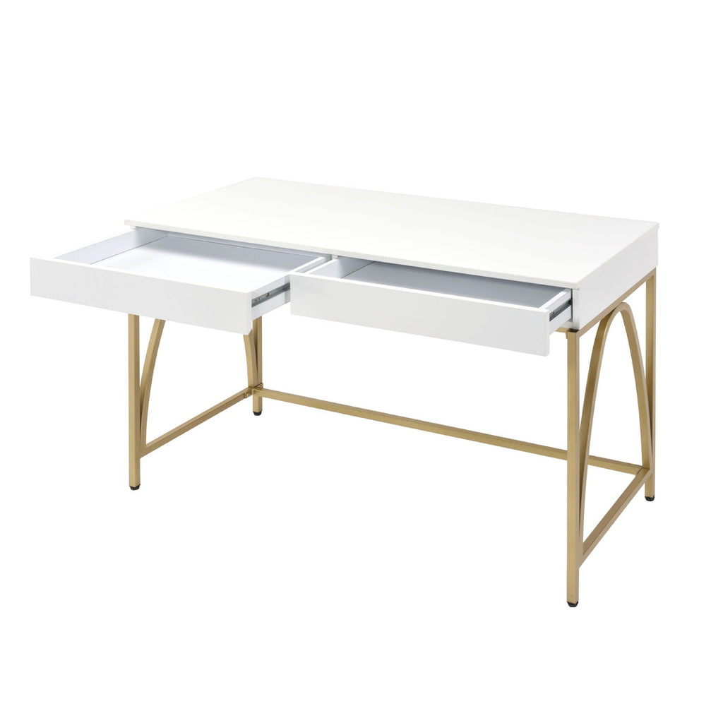 2 Drawers Writing Desk with Metal Trestle Base, White High Gloss and Gold