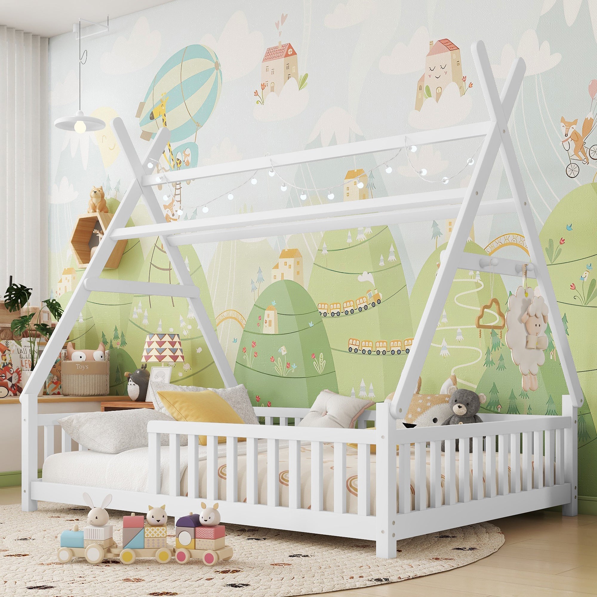 Full House Bed with Light, Low Floor House Bed with Fence and Roof for Kids Boys Girls,White(Expect arrive date 2025/7/20)