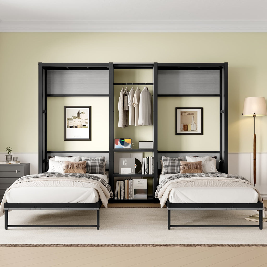 Twin and Twin Murphy Bed, Metal Foldable Murphy Bed with Wardrobe, Shelves and Power Outlets, 2 in 1 Design, Space-saving, Gray