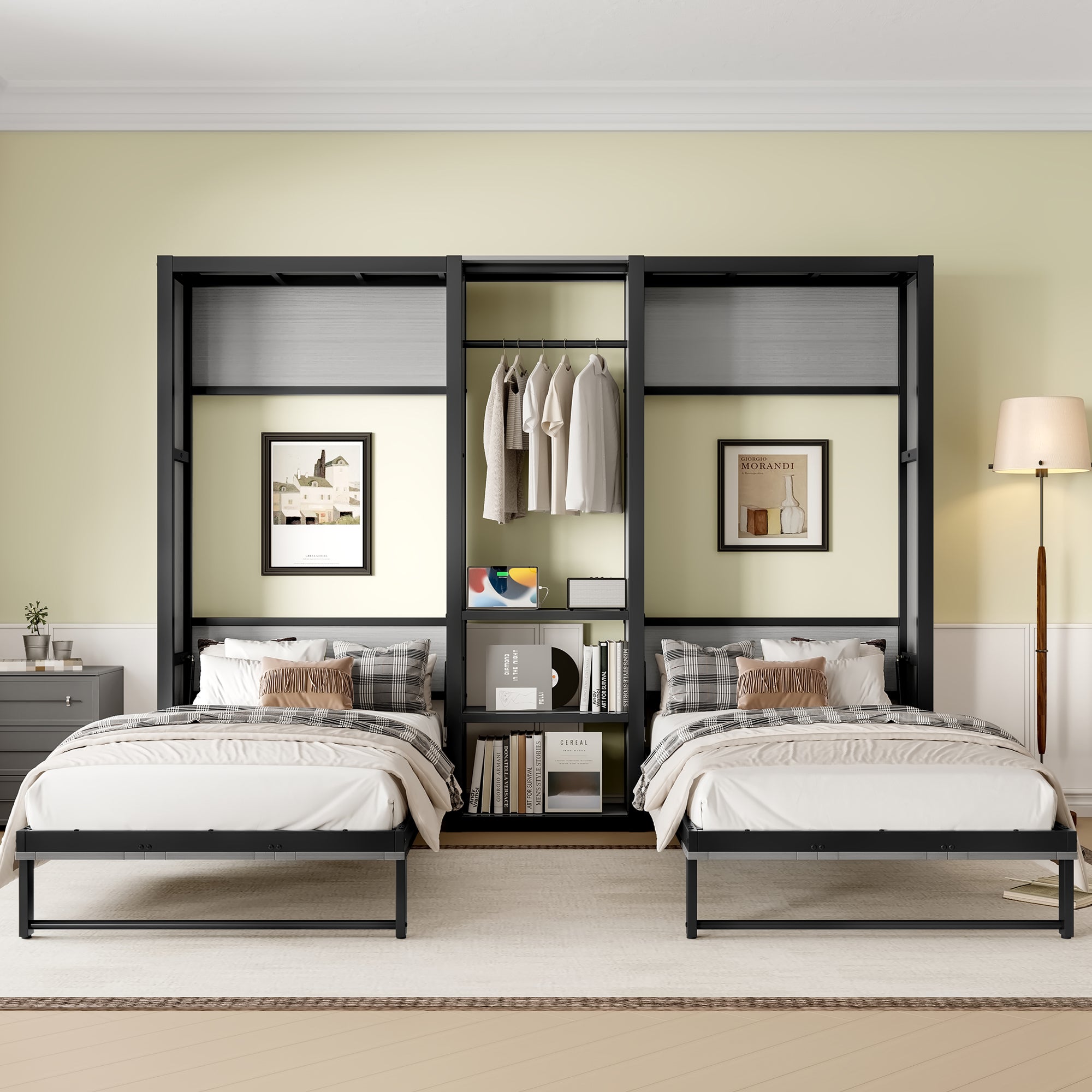 Twin and Twin Murphy Bed, Metal Foldable Murphy Bed with Wardrobe, Shelves and Power Outlets, 2 in 1 Design, Space-saving, Gray