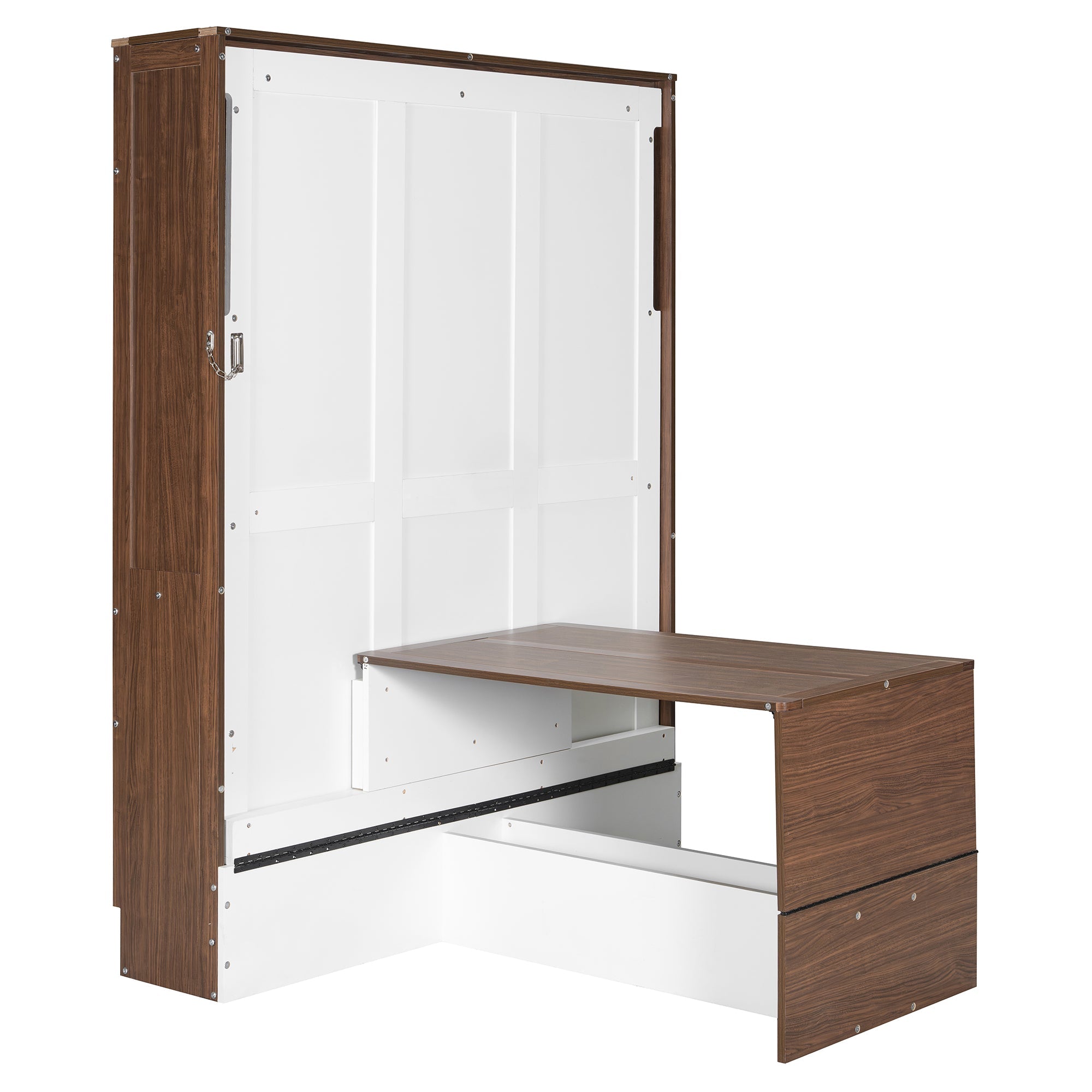 Full Size Murphy Bed with Foldable Desk – Space Saving Wall Bed - Walnut & White