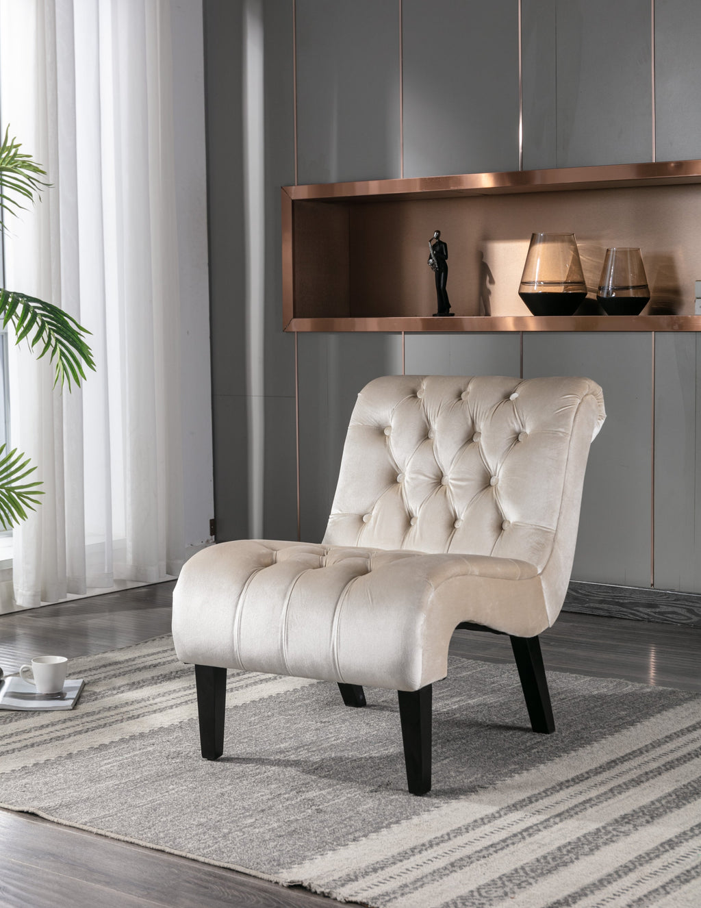 COOLMORE Modern Velvet Armless Accent Living Room Chair / Leisure Chair,Upholstered Fabric Button Comfortable Chair with Wooden Legs for Bedroom, Living Room, Office (Beige Velvet)