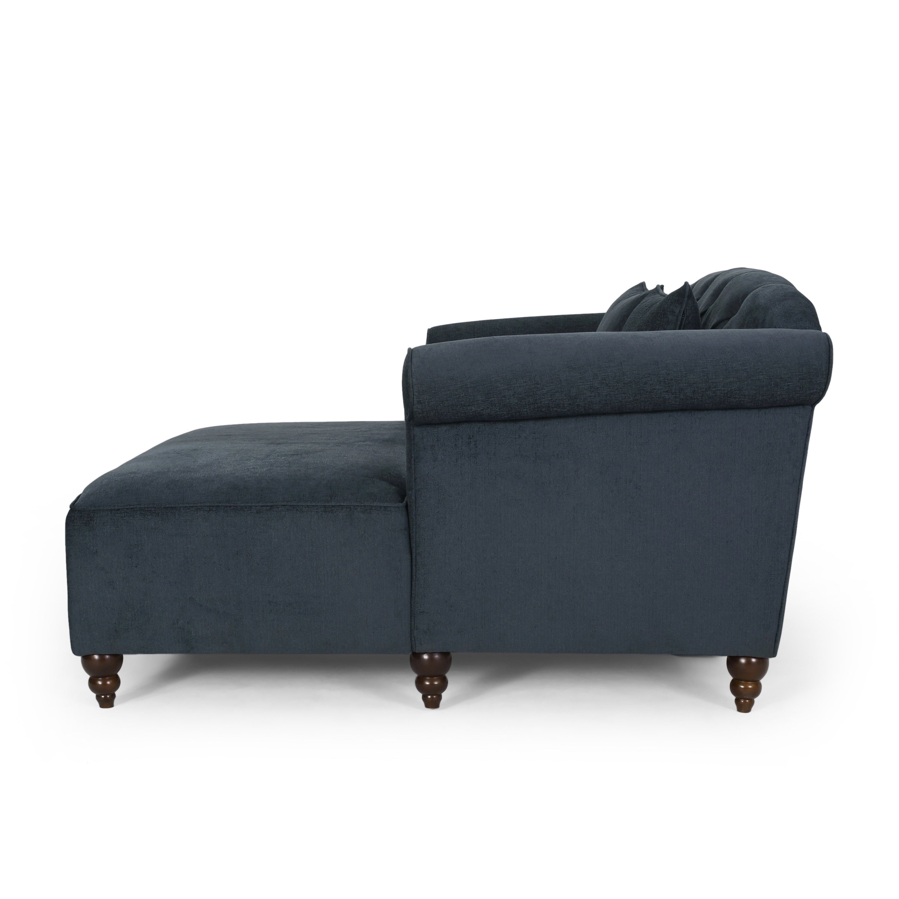 Upholstered Chaise Lounge with Scroll Arms, Turned Legs and 2 Pillows, Charcoal