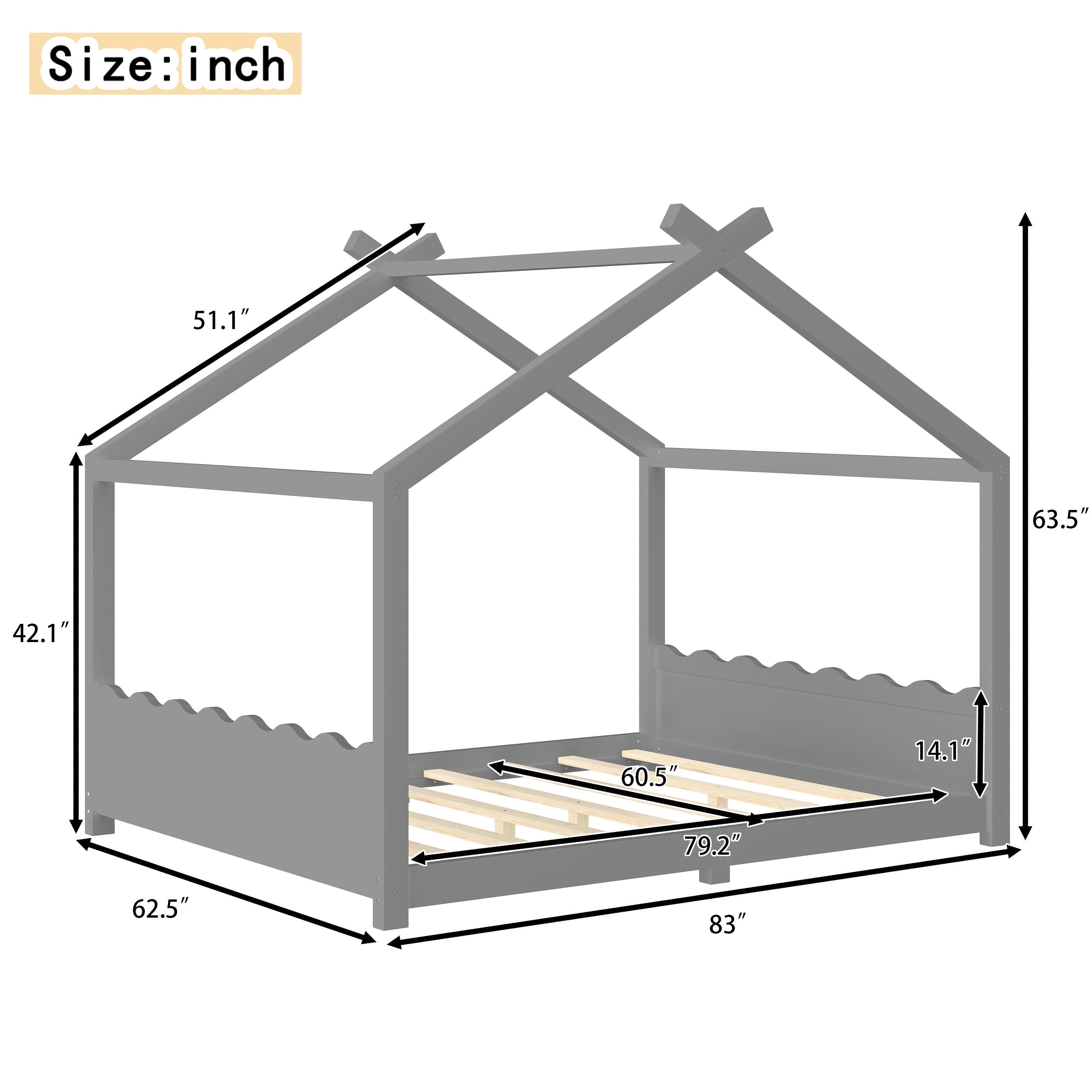 Queen House Floor Bed with Support Slats, Solid Wood House Bed Frame for Kids, No Box Spring Needed and Opening Constructure, Gray