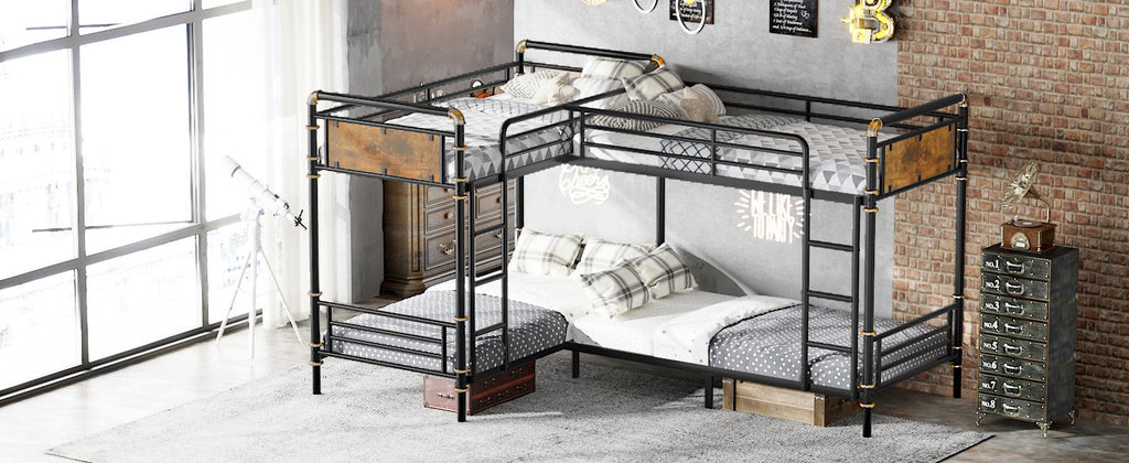 Quad Bunk Bed for 4 Kids, Heavy Duty Metal Twin Bunk Bed Frame, Detachable Triple Bunk Bed, Can Be Divided Into 3 Twin Beds, Black (Old SKU W2580S00015)
