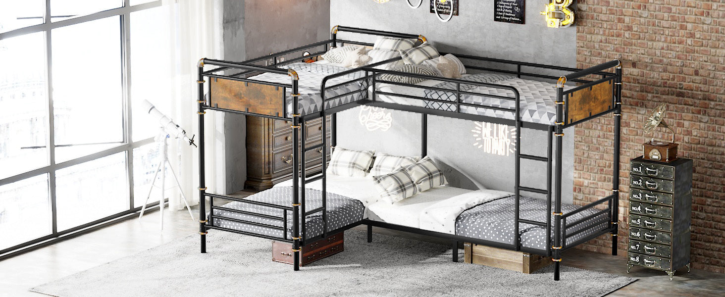 Quad Bunk Bed for 4 Kids, Heavy Duty Metal Twin Bunk Bed Frame, Detachable Triple Bunk Bed, Can Be Divided Into 3 Twin Beds, Black (Old SKU W2580S00015)