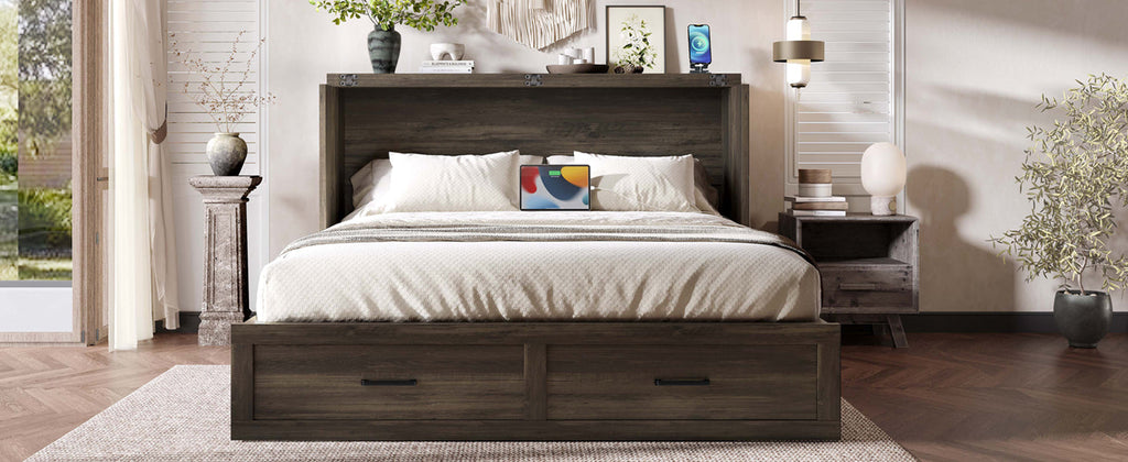 Murphy Bed Cabinet Queen Size with Charging Station, Multi-Functional Foldable Platform Bed with 1 Large Storage Drawer for Guest Room, Small Bedroom, Rustic Gray