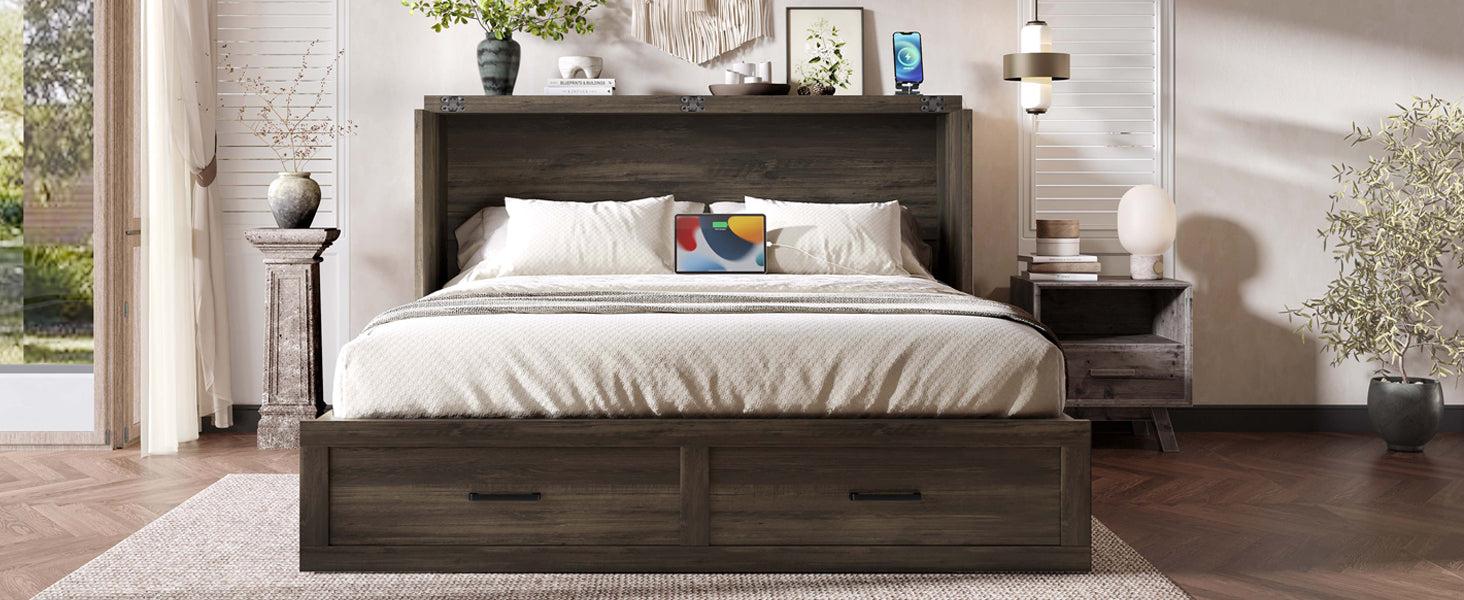 Murphy Bed Cabinet Queen Size with Charging Station, Multi-Functional Foldable Platform Bed with 1 Large Storage Drawer for Guest Room, Small Bedroom, Rustic Gray