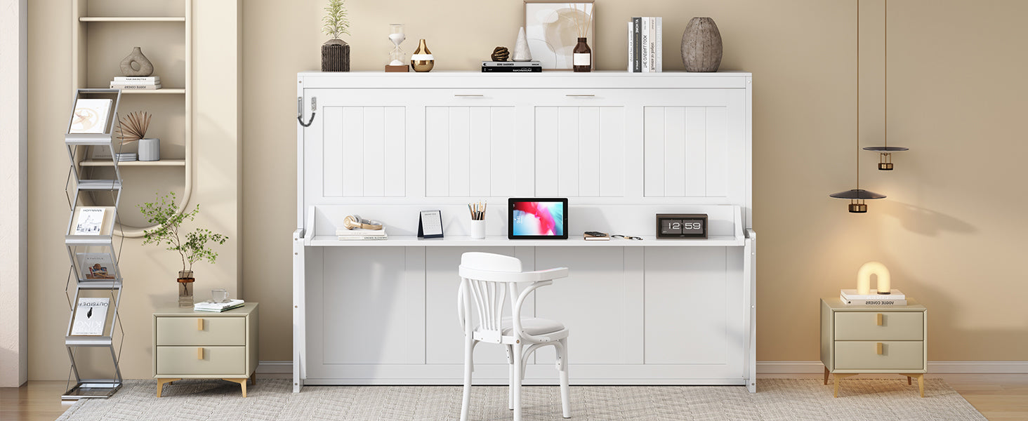 Queen Size Murphy Bed with Hydraulic Lift & Desk Design, White(OLD SKU: N820S00033K)