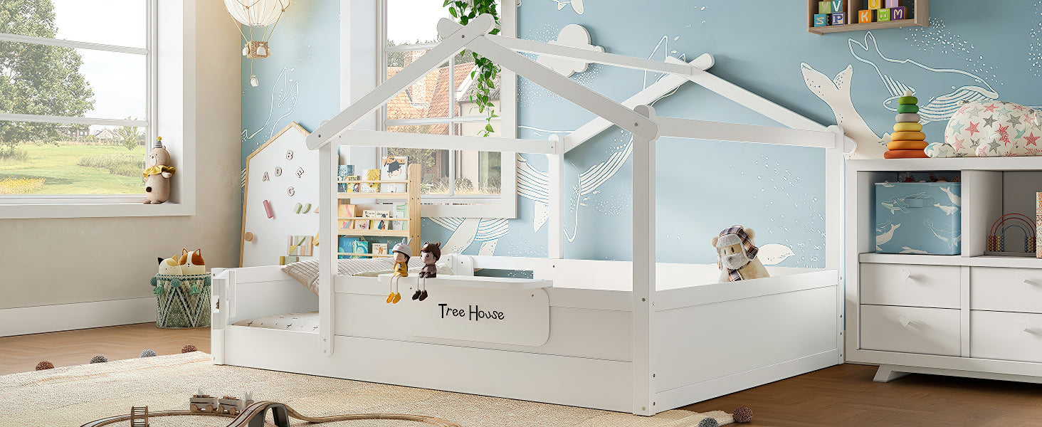 Queen Size Floor Bed with Guardrails and Roof, Kids House Floor Bed with a Small Built-in Tray and Free-installed Signboard, Childlike Design, White
