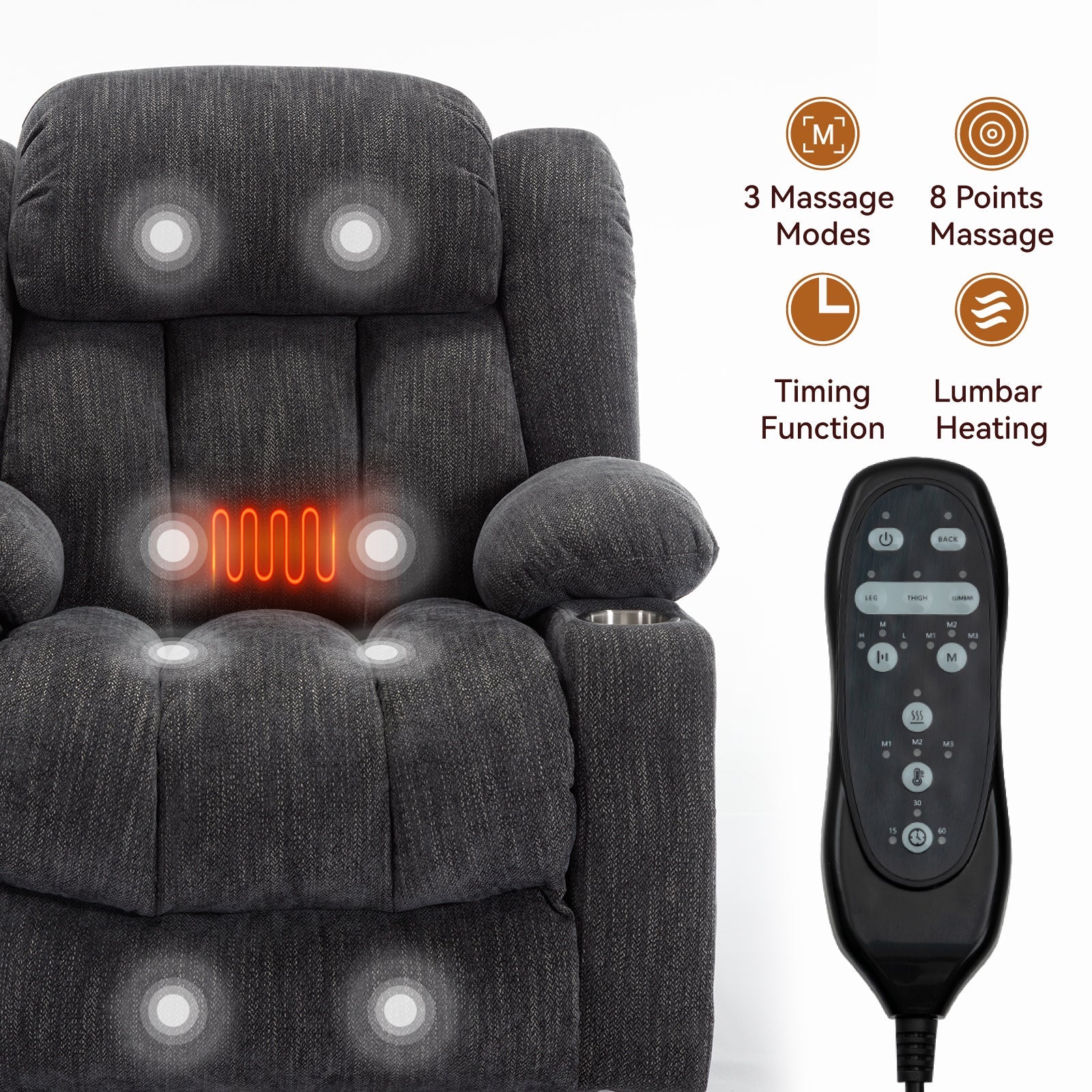 Up to 350 LBS Chenille Power Lift Recliner Chair, Heavy Duty Motion Mechanism with 8-Point Vibration Massage and Lumbar Heating, USB and Type-C Ports, Stainless Steel Cup Holders, Grey