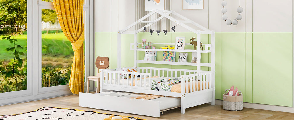 Wooden Twin Size House Bed with Trundle,Kids Bed with Shelf, White(Old SKU:WF301682AAK)