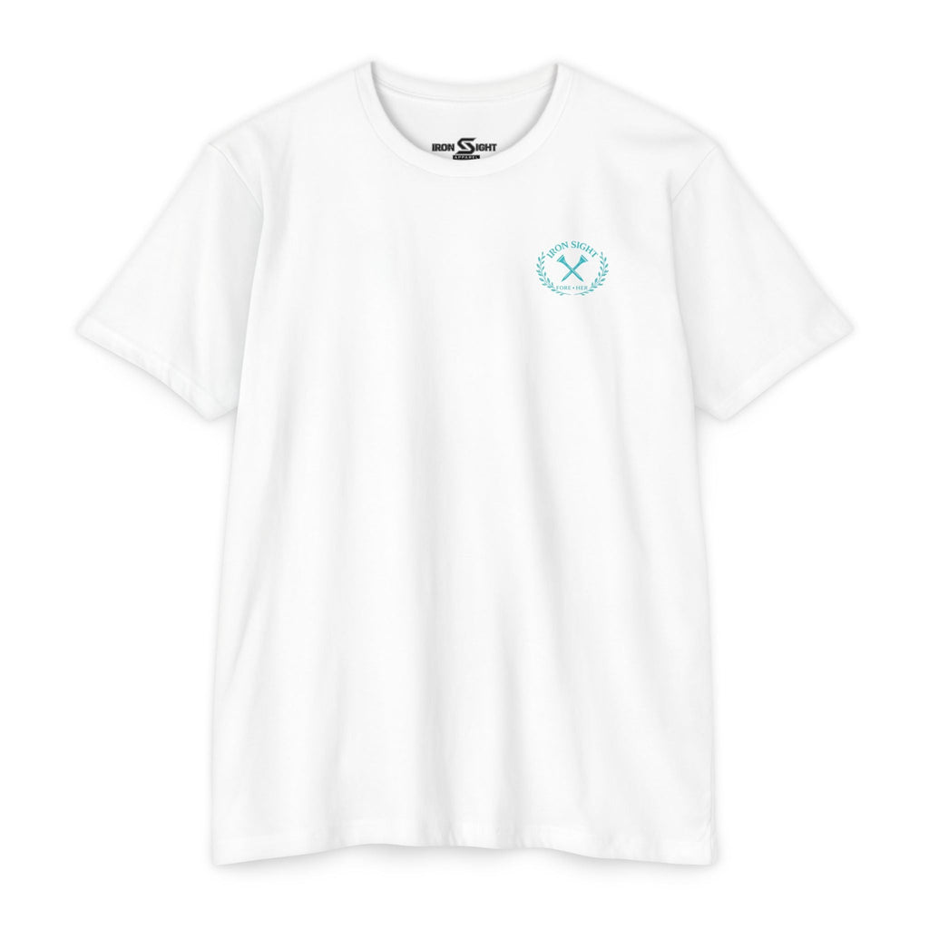 Beachfront Golf Club Stamp T-Shirt — Female Golfer Tropical Iron Sight Design
