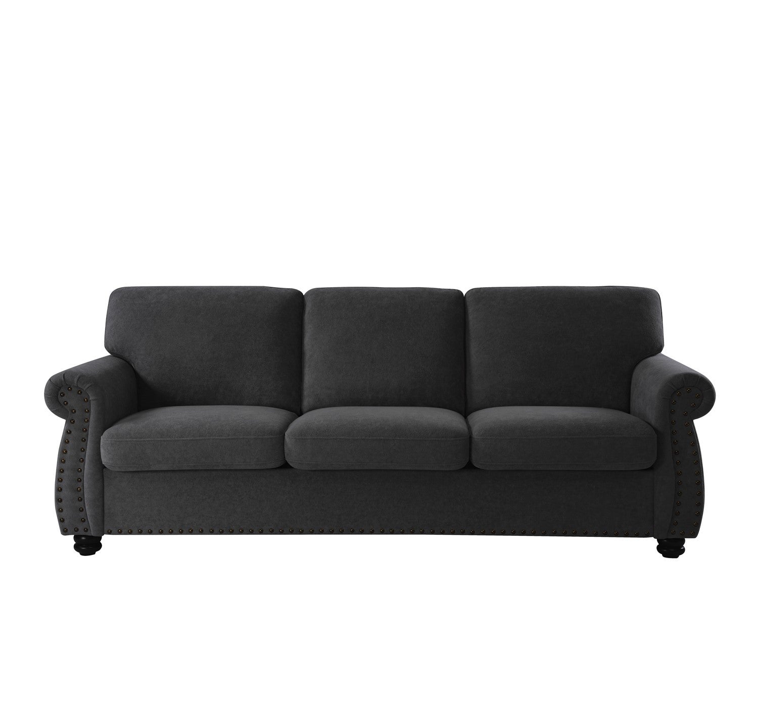 Soft Velvet Sofa, Upholstered 3 Seater Couch with High-Density Foam, Loose Back Cushions and Solid Wood Turned Legs, Chic Living Room Furniture for Home, Apartment and Office, Black