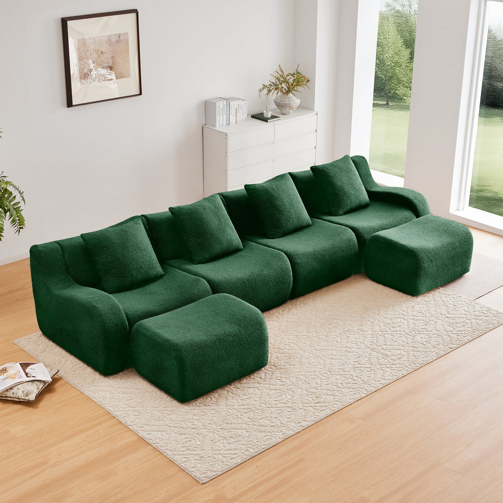 U-Shaped Boneless Sofa,Teddy Fabric No assembly required   Curved armrest,Anti-slip Design,Streamlined Design 32D High Density Sponge,Full Compression Vacuum Packag,For Studies living Rooms,Green