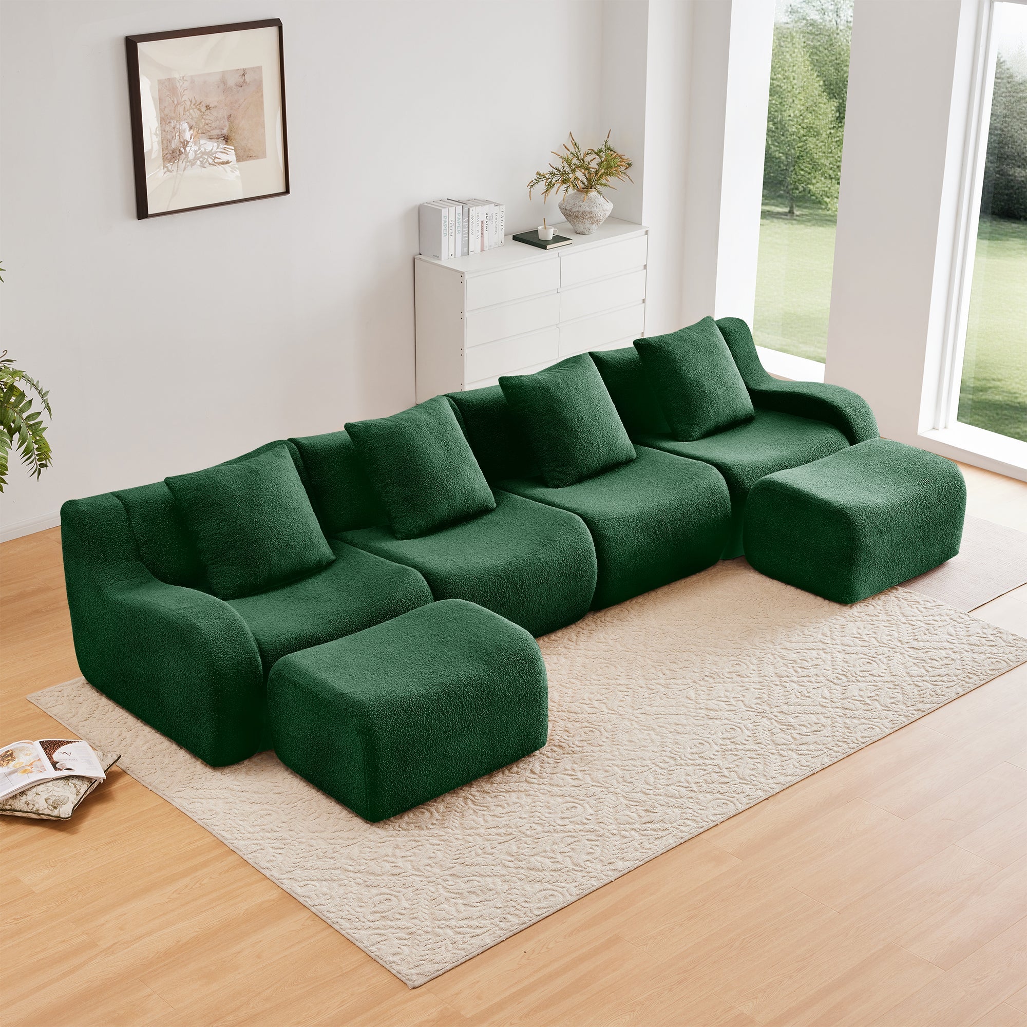 U-Shaped Boneless Sofa,Teddy Fabric No assembly required   Curved armrest,Anti-slip Design,Streamlined Design 32D High Density Sponge,Full Compression Vacuum Packag,For Studies living Rooms,Green