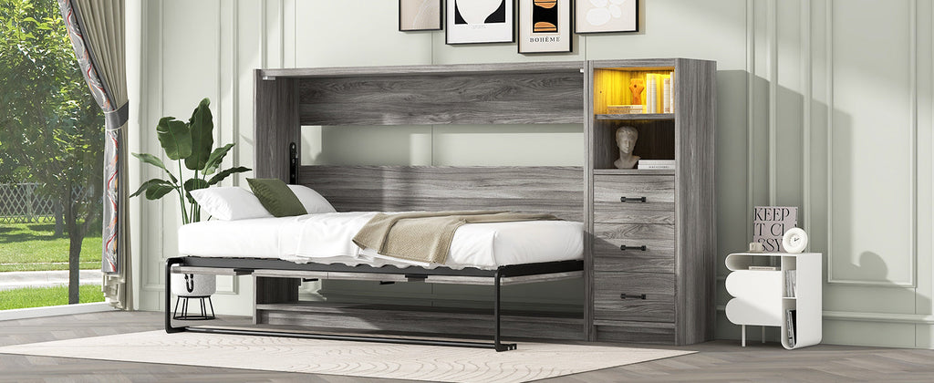 Twin Size Murphy Bed with Drawers and LED Light, can be Folded into a Cabinet, Gray