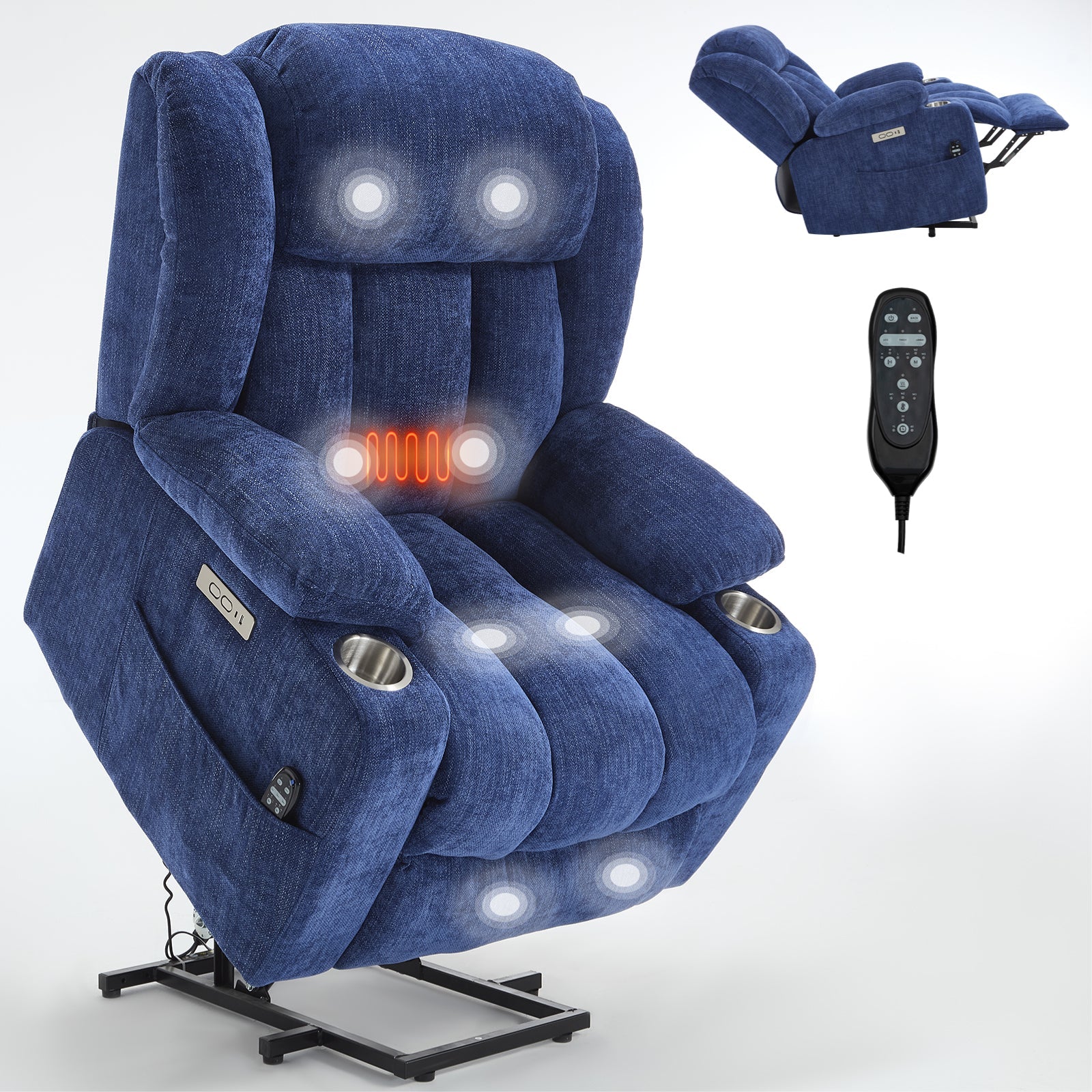 Up to 350 LBS Chenille Power Lift Recliner Chair, Heavy Duty Motion Mechanism with 8-Point Vibration Massage and Lumbar Heating, USB and Type-C Ports, Stainless Steel Cup Holders, Blue