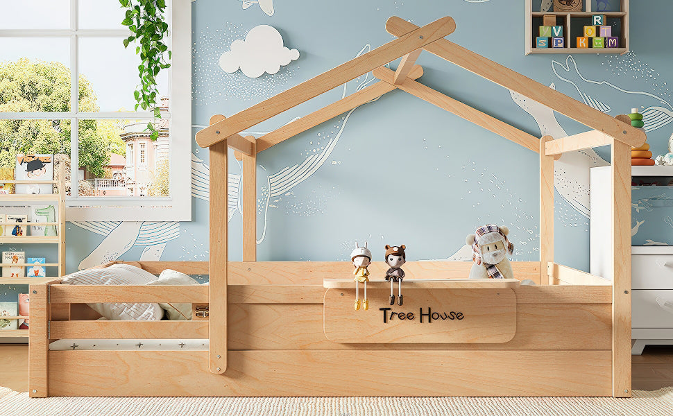 Queen Size Floor Bed with Guardrails and Roof, Kids House Floor Bed with a Small Built-in Tray and Free-installed Signboard, Childlike Design,Natural