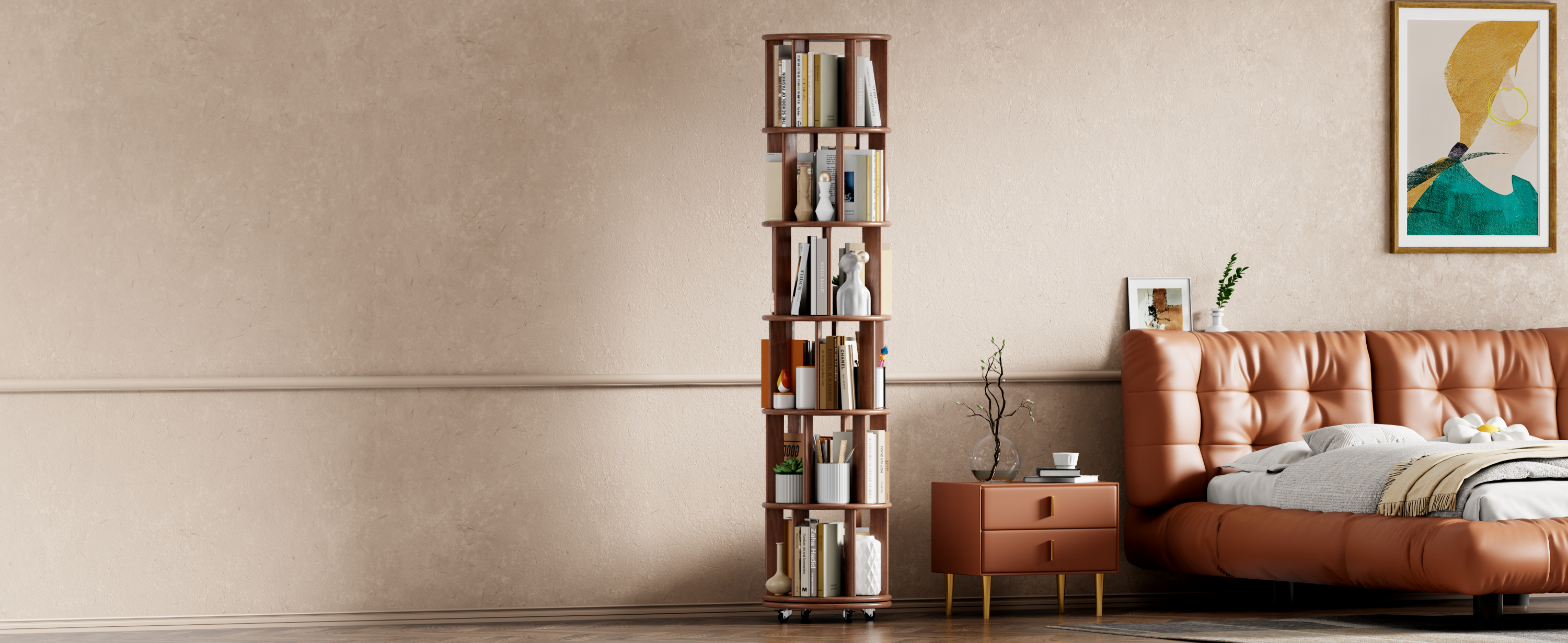 100%Solid Wood Rotating Bookshelf on Wheels, 6 Tier, Round Revolving Bookcase, 360° Spinning Book Shelf Tower for Kids, Narrow Rolling Bookshelves for Small Space, Corner, Bedroom, Office, Walnut