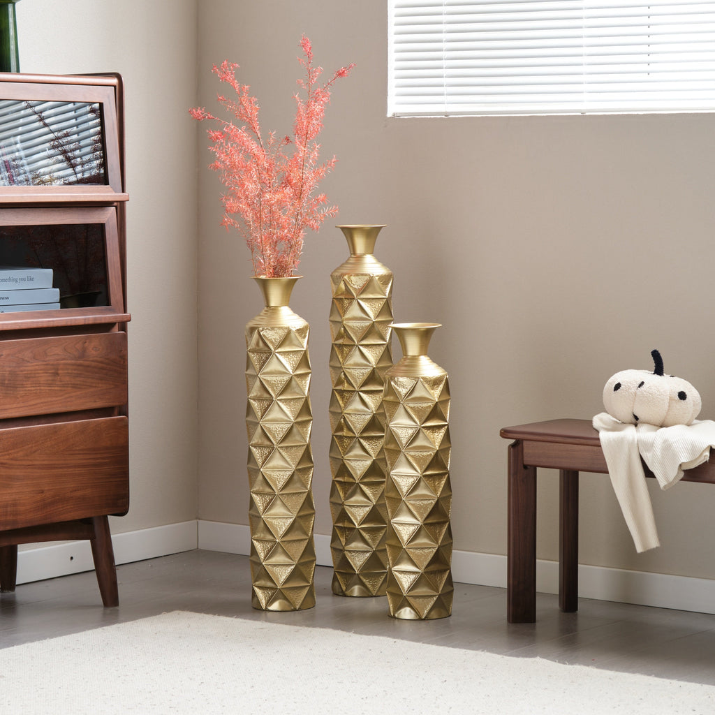 Metal Decorative Vase High Distress Metal Center Vase With 3D Triangle Pattern, Set Of 3 Vases for Home Decoration 33.5', 29.5', 25.2'High, Gold