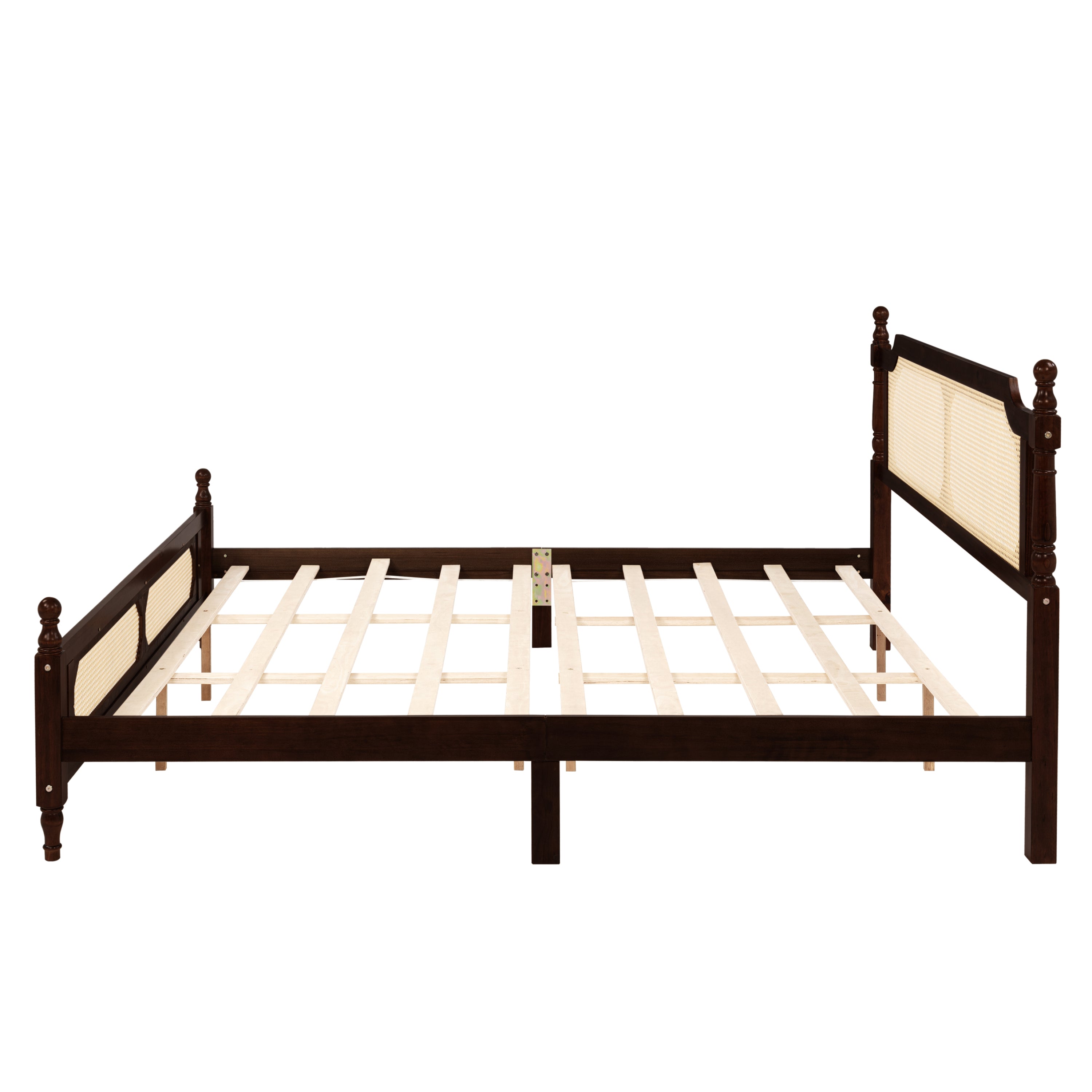 King Pine wooden Bed with Rattan Headboard  and Footboard, with  Central Enhanced Bed Platform ,Espresso