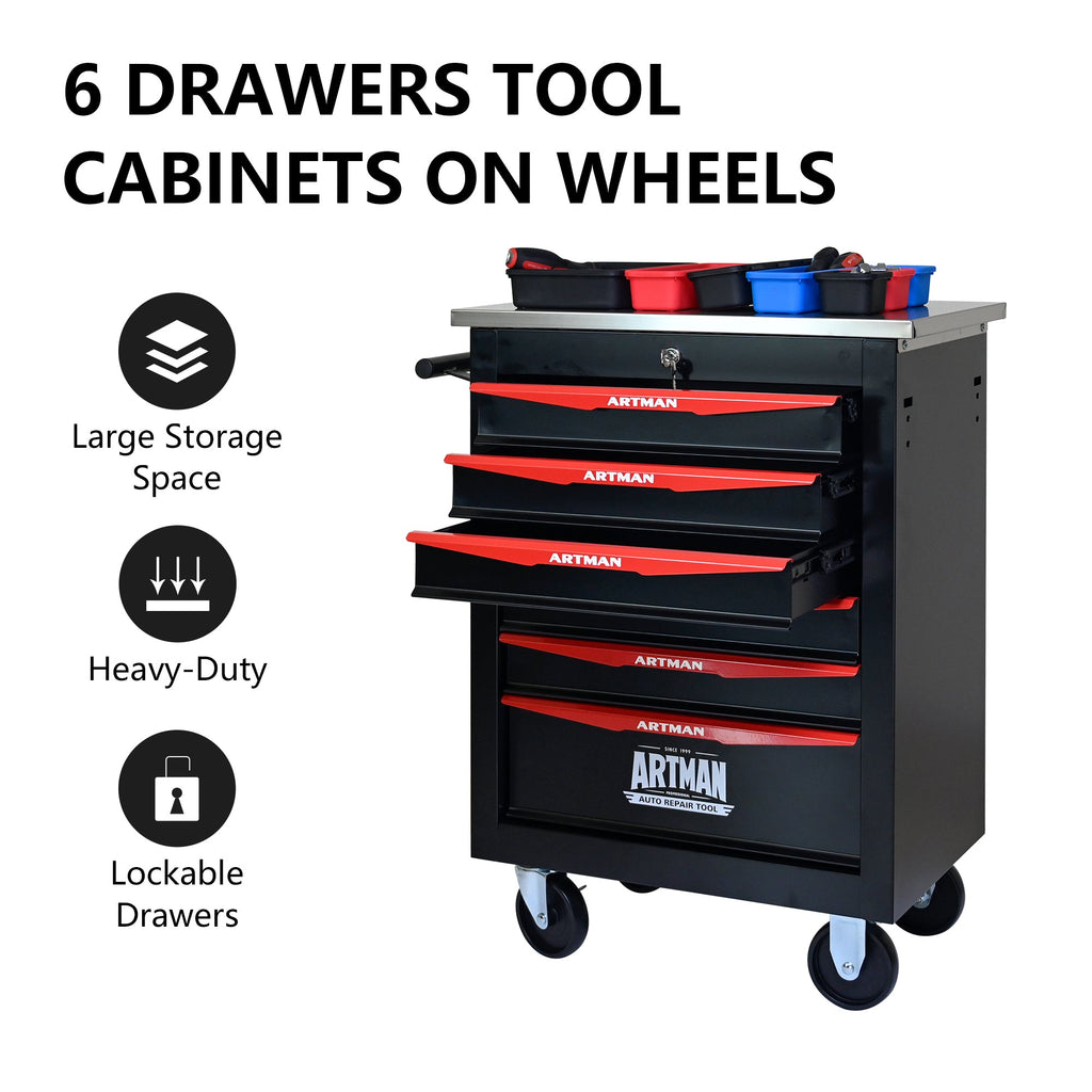 6-Drawer Multifunctional Tool Cart with Wheels, Metal Rolling Tool Cart Storage for Garage Workshop Warehouse Repair Shop - with Stainless Steel Roof - Black & Red
