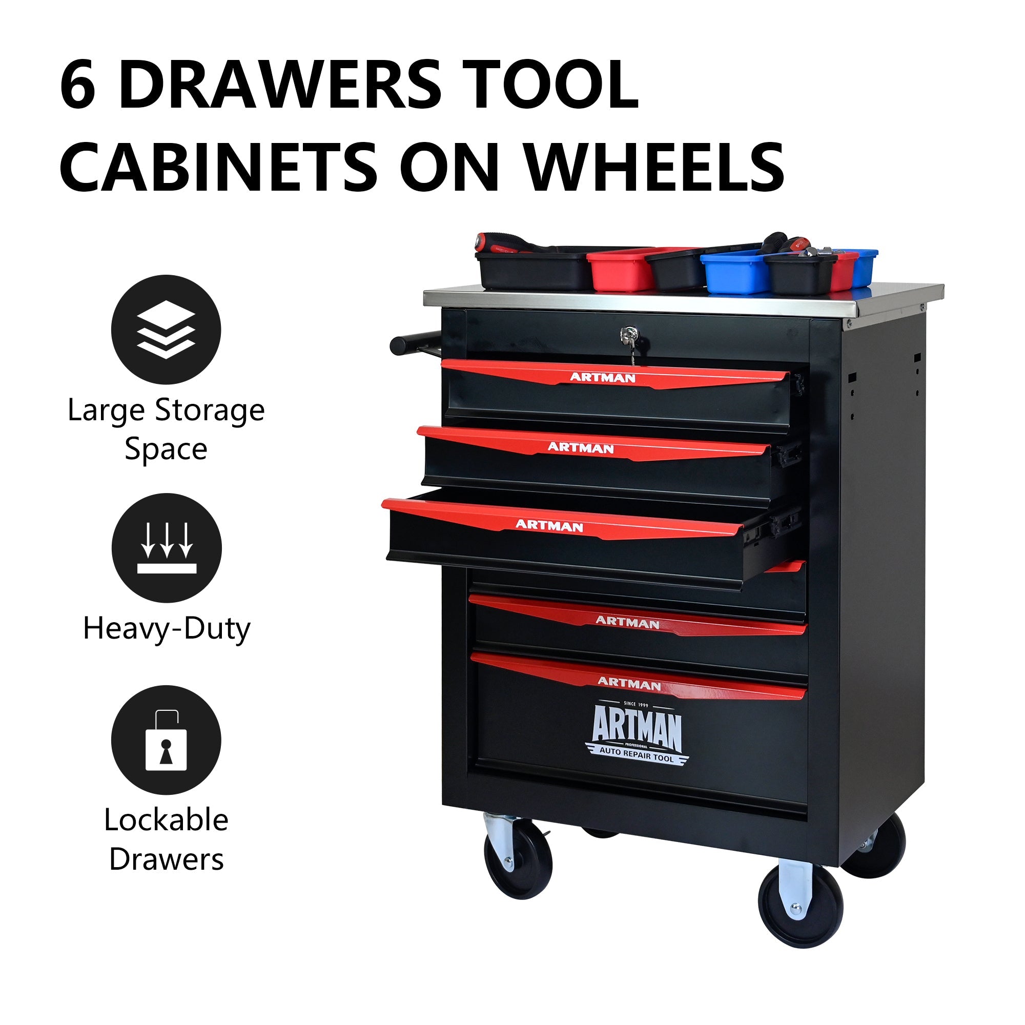 6-Drawer Multifunctional Tool Cart with Wheels, Metal Rolling Tool Cart Storage for Garage Workshop Warehouse Repair Shop - with Stainless Steel Roof - Black & Red