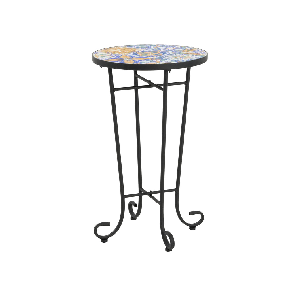 Vibrant French Country Patio Side Table with Colorful Ceramic Tile and Black Iron Frame