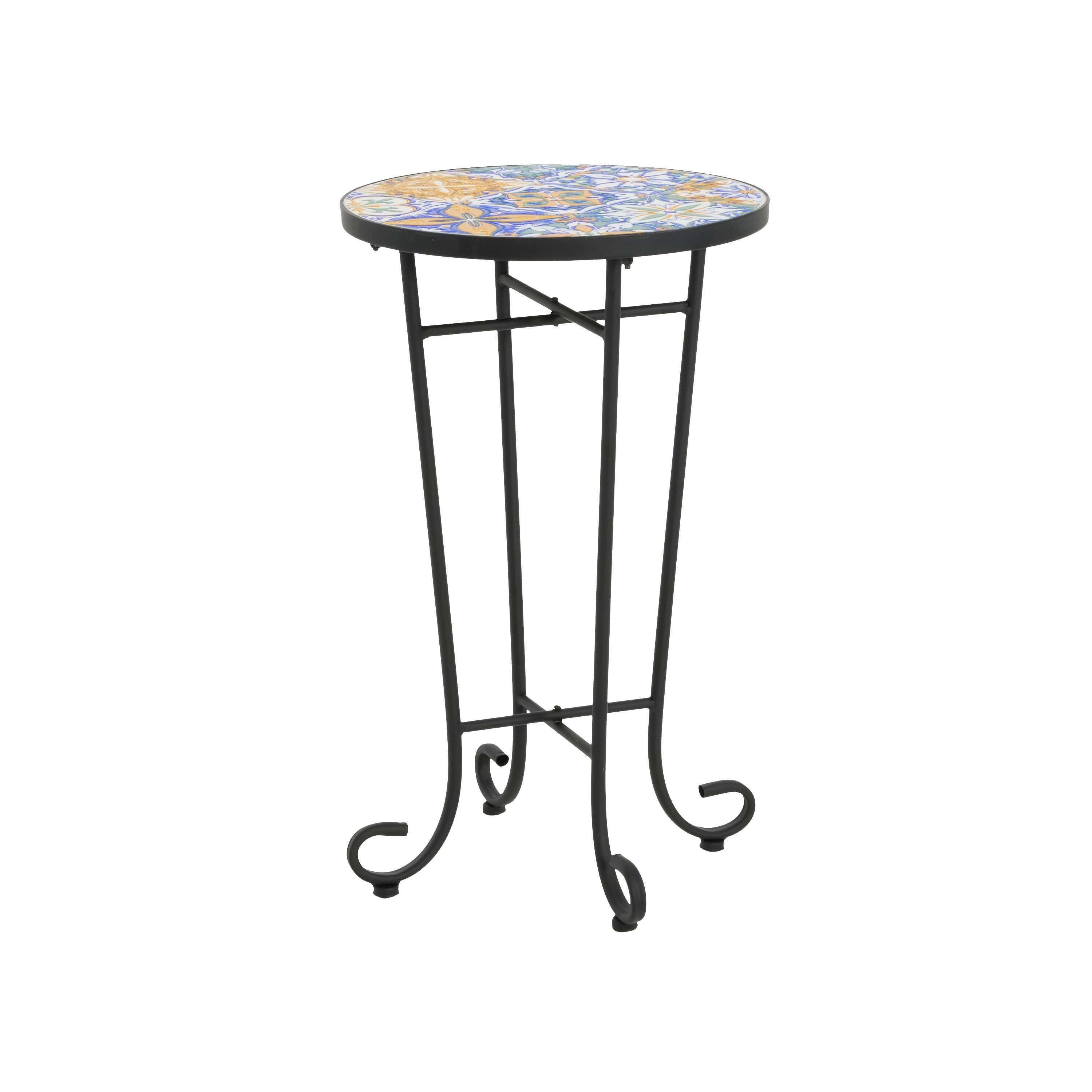 Vibrant French Country Patio Side Table with Colorful Ceramic Tile and Black Iron Frame