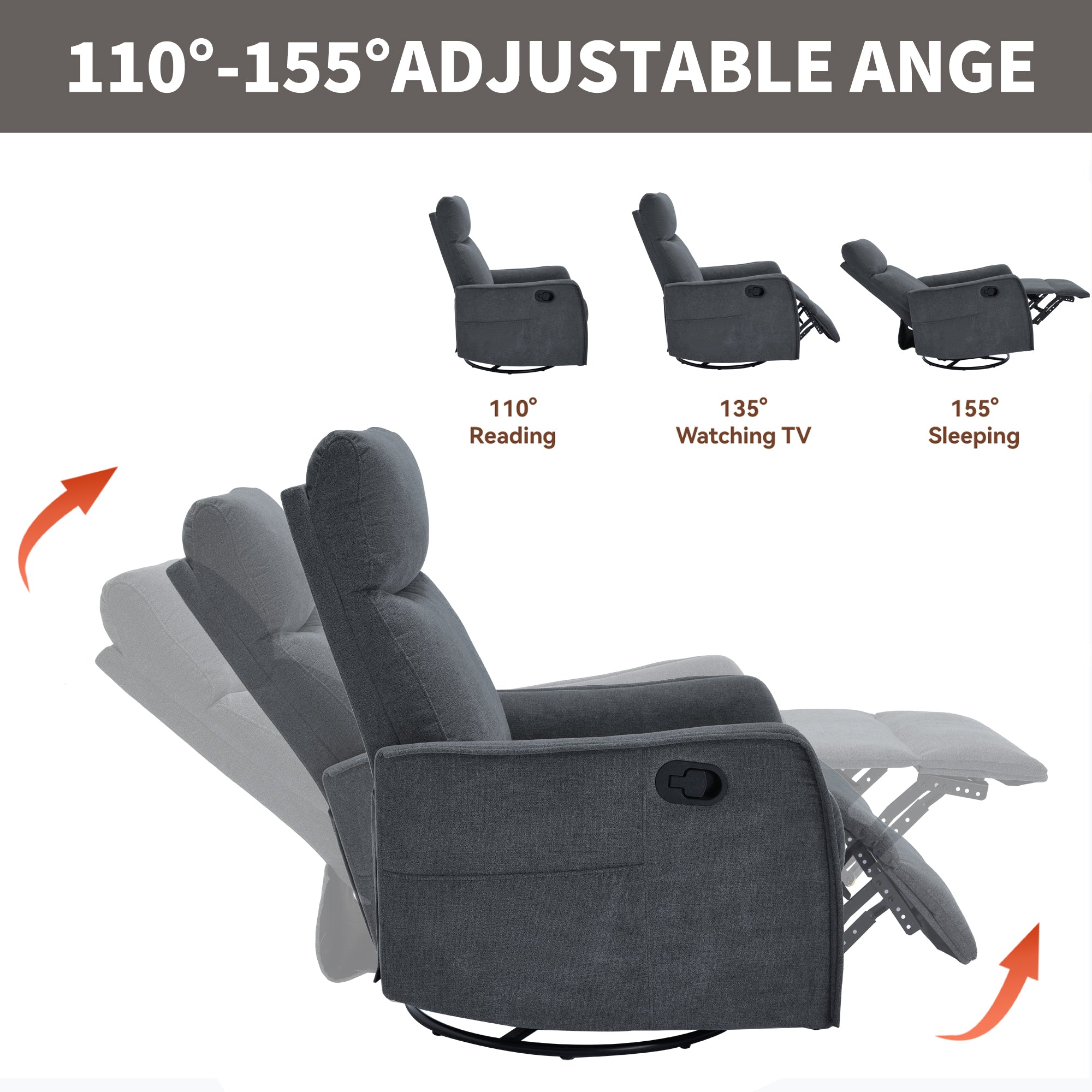 Heat Massage Manual Recliner Chair with Rocker and Swivel in Fabric for Living Room, Grey