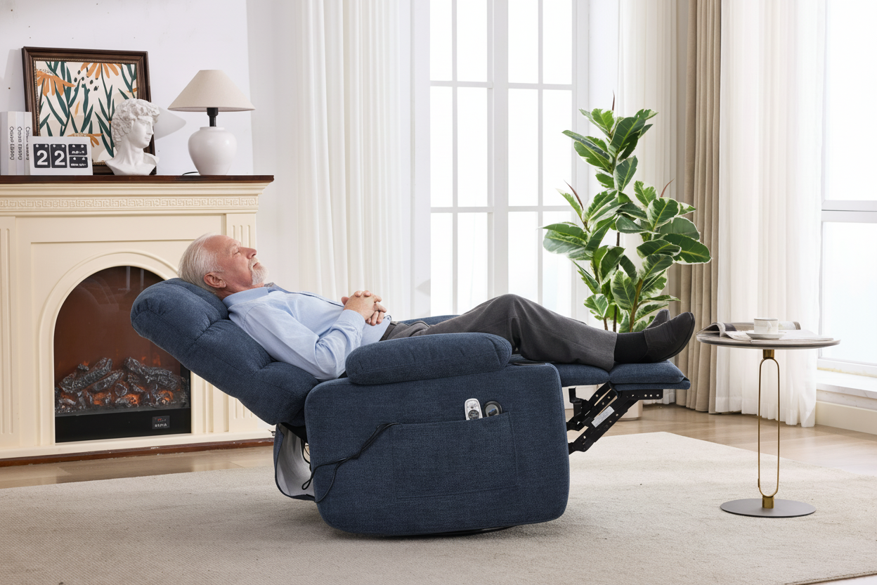 Heat Massage Manual Recliner Chair with Rocker and Swivel in Fabric for Living Room, Blue