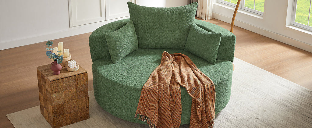 Modern 360° Swivel Accent Barrel Chair with Removable Pillows in Green Chenille for Living Room and Office