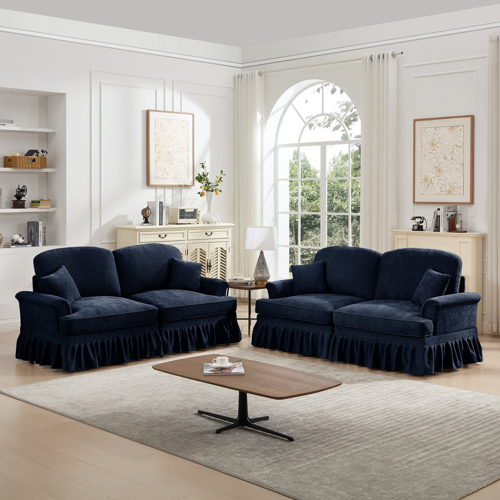 Classic 2 Piece Modular Couch Living Room Sofa Set with Flared Arms and Removable Ruffles Pleats Skirts and Spindle Legs, 2Seater Sofa + 2-Seat Loveseat Sofa Sets for Living Room, Blue